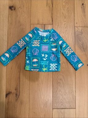 Cat & Jack Teal Long-Sleeve Rashguard with Multicolor Beach Motifs